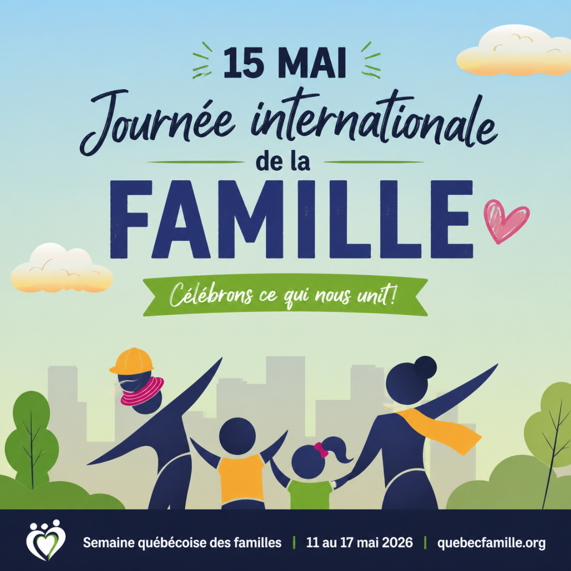 👨‍👩‍👧‍👦 15 mai – Journée internationale de la famille  Demain, on célèbre ce qui nous unit 💙 La famille, sous toutes ses formes, est au cœur du bien-être et de la réussite de nos élèves.  💚 Bonne Journée internationale de la famille !